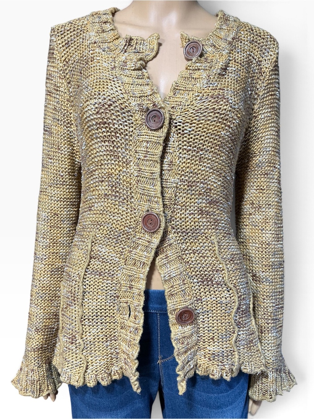 BCBGMaxAzria Yellow-Multi Chunky Knit Button Front Cardigan